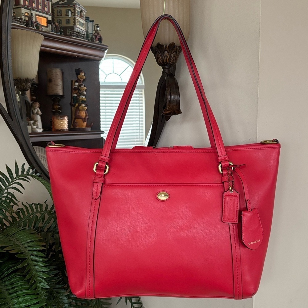 Coach Peyton Saffiano Leather Dual Zip Top Tote Shoulder Bag Red Carryall Office